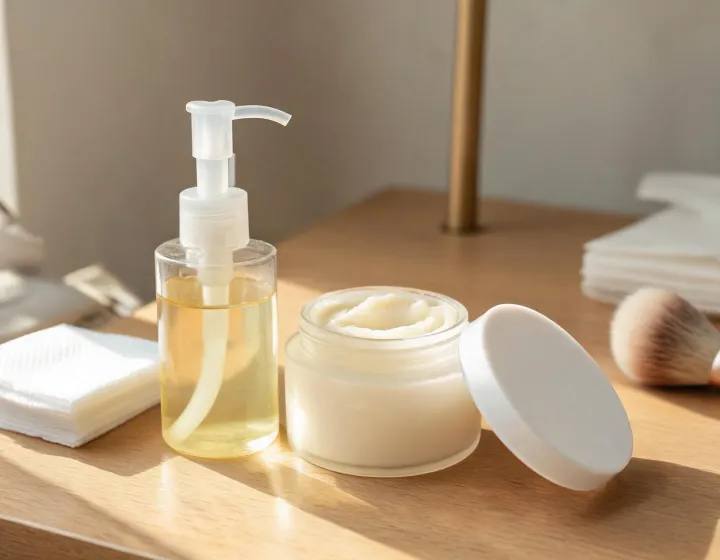 cleansing oil vs cleansing balm on a cosmetics bench, illustration only
