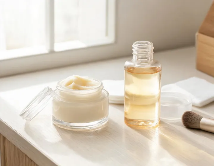 cleansing balm vs oil cleanser on a cosmetics bench, illustration only