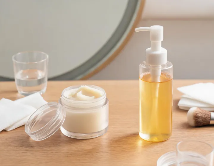 cleansing balm vs cleansing oil on a cosmetics bench, illustration only